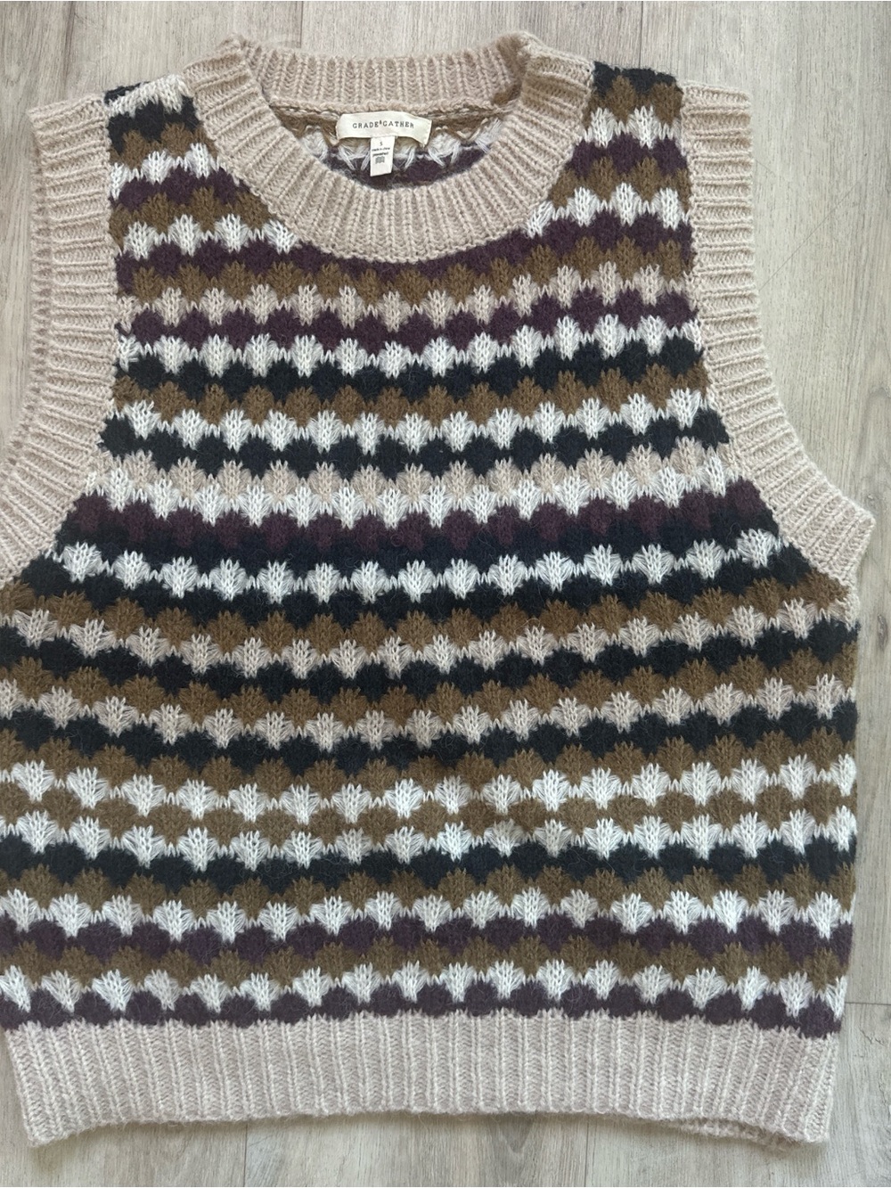Sleeveless Knit Vest in Beige with Multi-Color Chevron Stripes